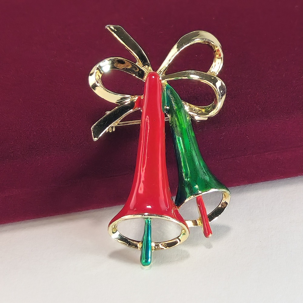 Vintage Christmas Bells Brooch Red Green Enamel Gold Tone Bow Holiday Pin